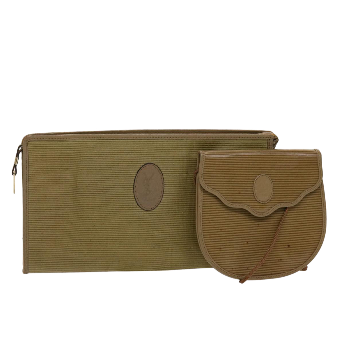 Saint Laurent Shoulder Clutch Bag Coated Canvas 2set Beige Auth Bs6527